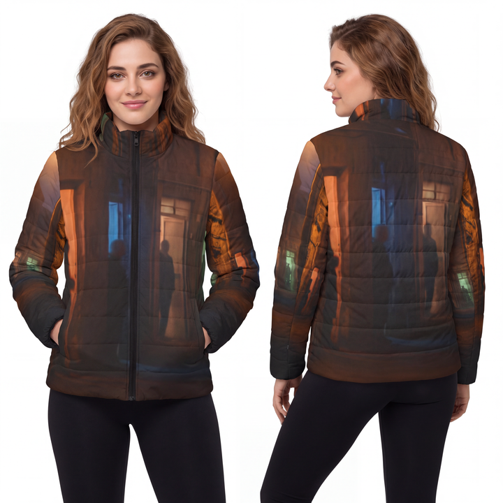 Women's Puffer Jacket - Shadowed Alleyway Mystery Art Print