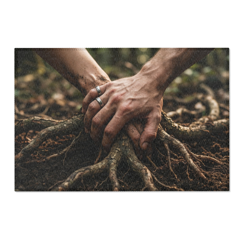 Area Rugs with Forest Roots and Hands Art