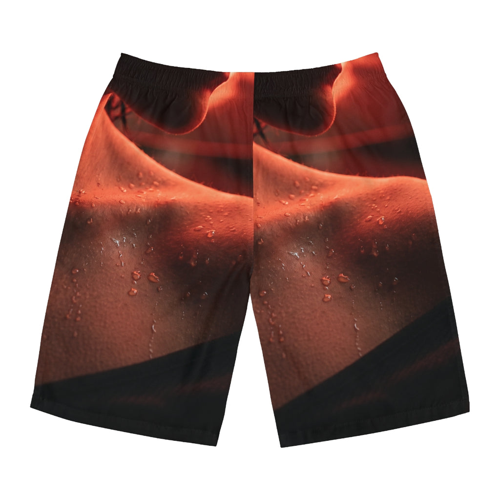 Men's Board Shorts - Crimson Neon Glow - Cinematic Portrait...