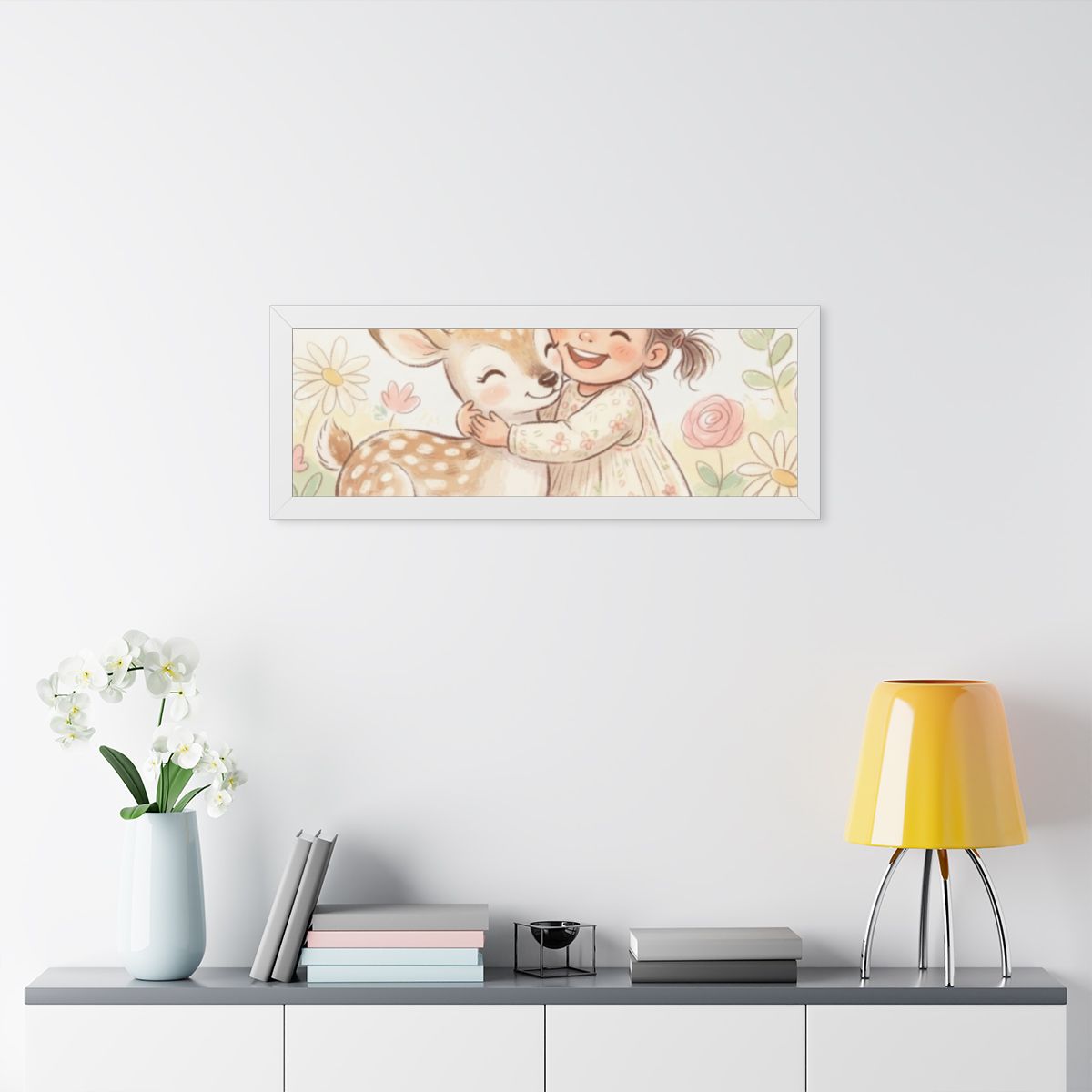 Framed Horizontal Poster - Gentle Hug Meadow Deer Art —... |...