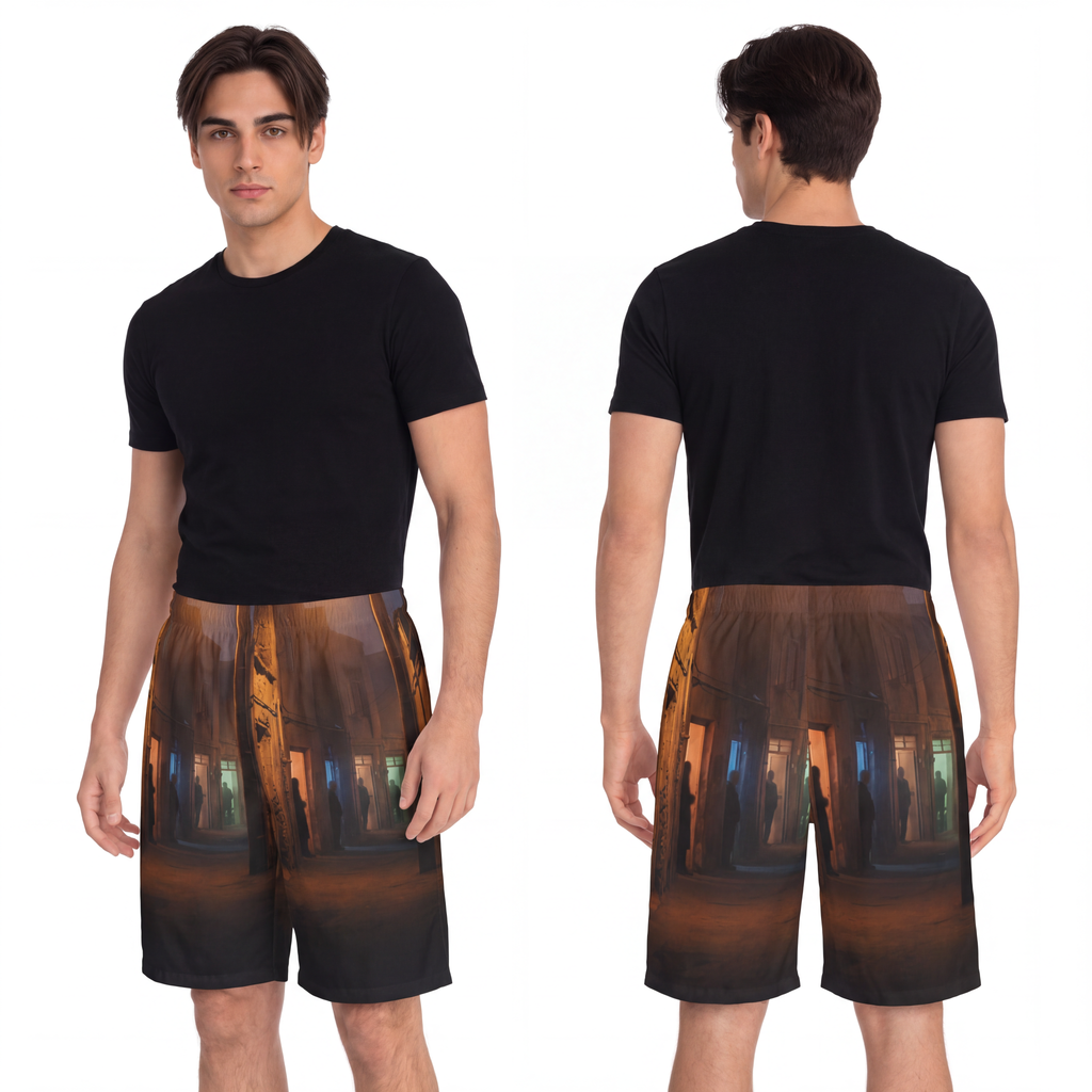 Men's Board Shorts - Shadowed Alleyway Mystery Art Print |...