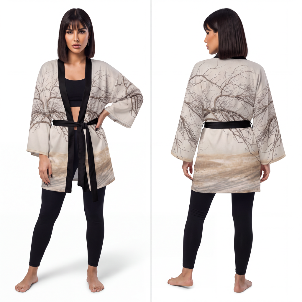 Long Sleeve Kimono Robe - Winter Branch Solitude Landscape |...