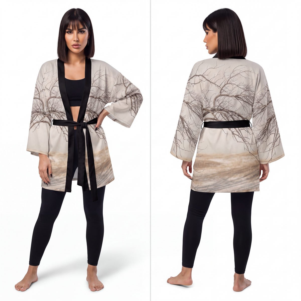Long Sleeve Kimono Robe - Winter Branch Solitude Landscape |...