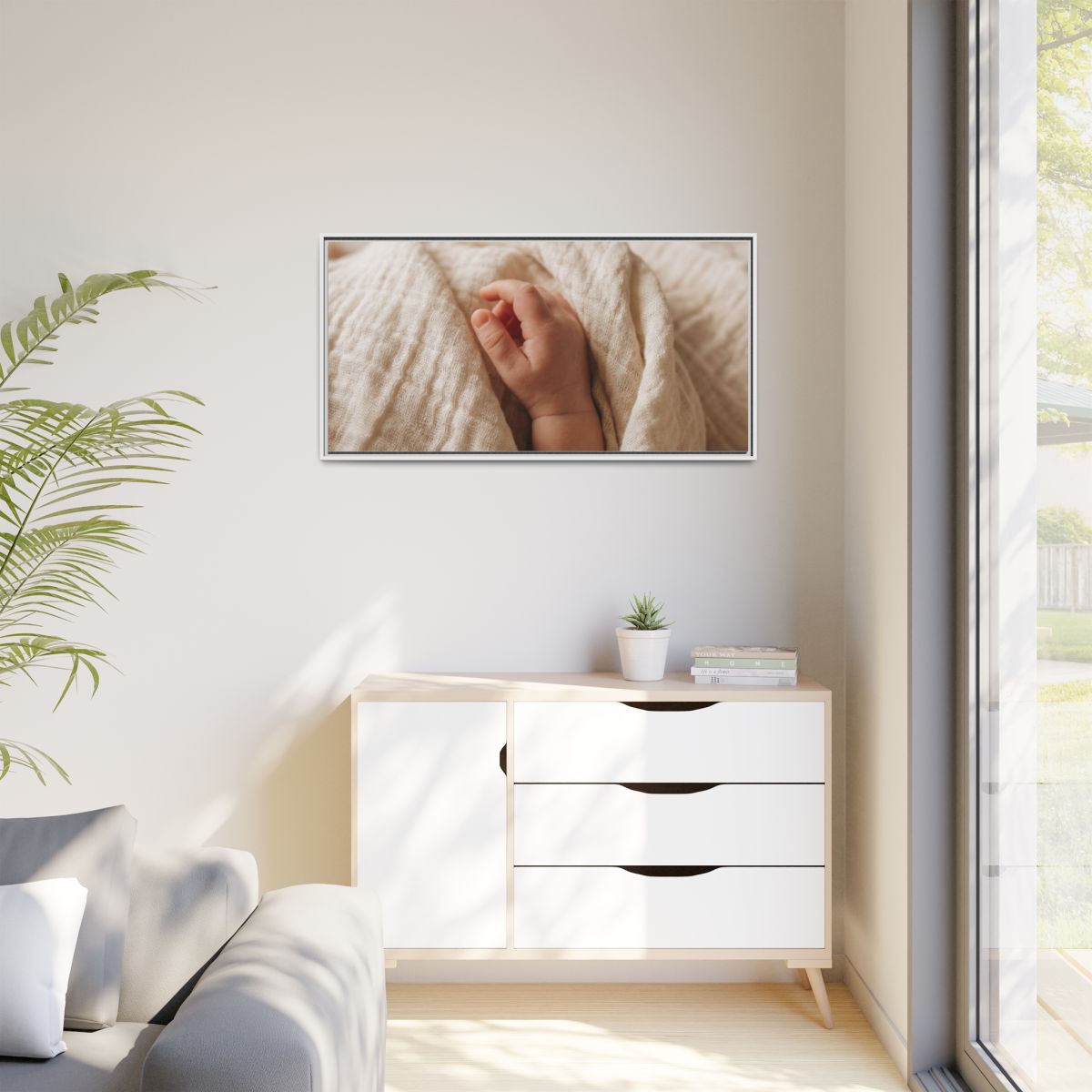 Matte Canvas, Framed - Tender Newborn Hand in Soft Muslin......