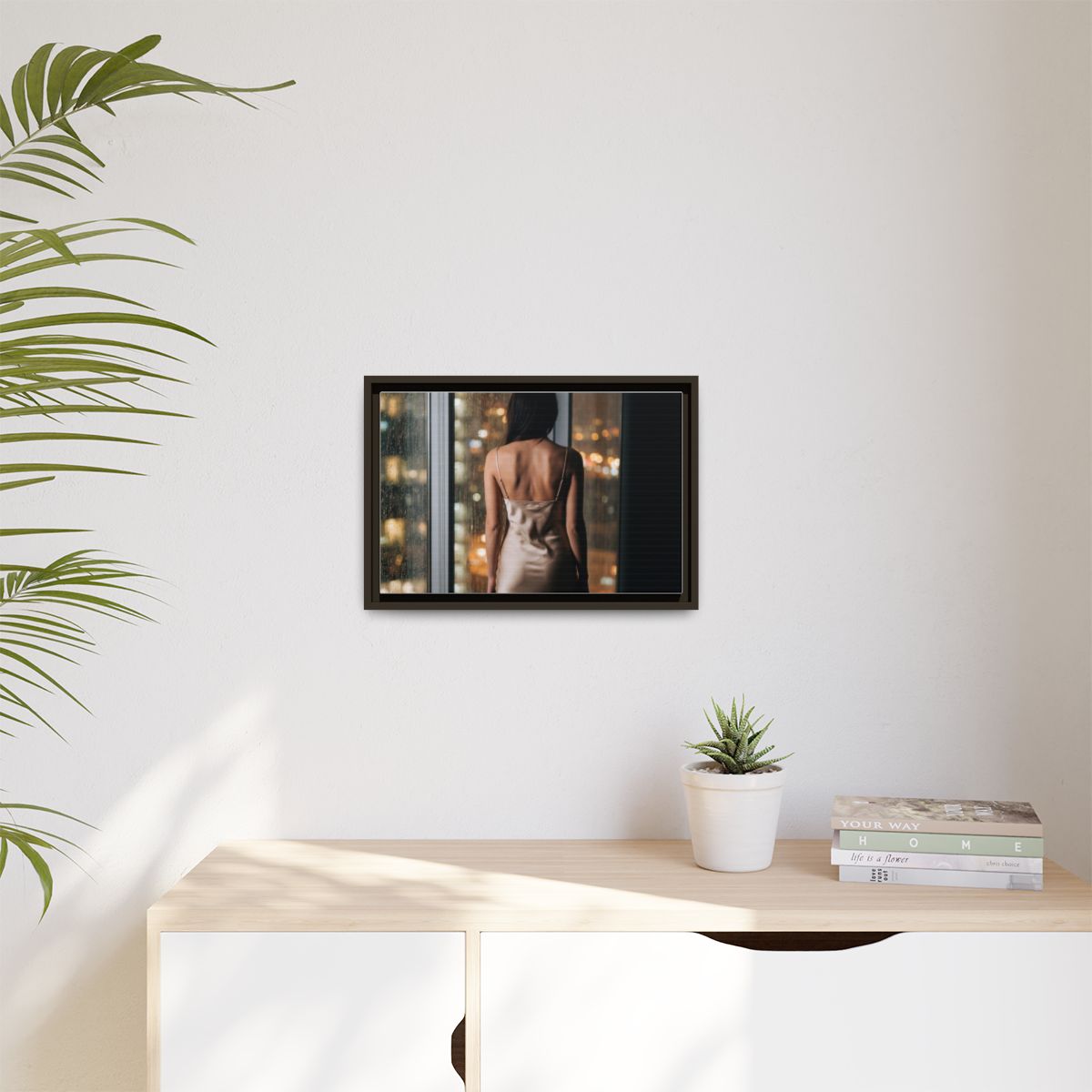 Matte Canvas, Framed - Rainy City lights Glow — Espresso /...