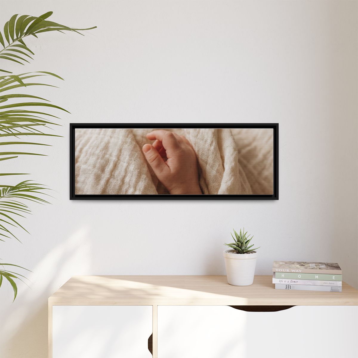 Matte Canvas, Framed - Tender Newborn Hand in Soft Muslin......