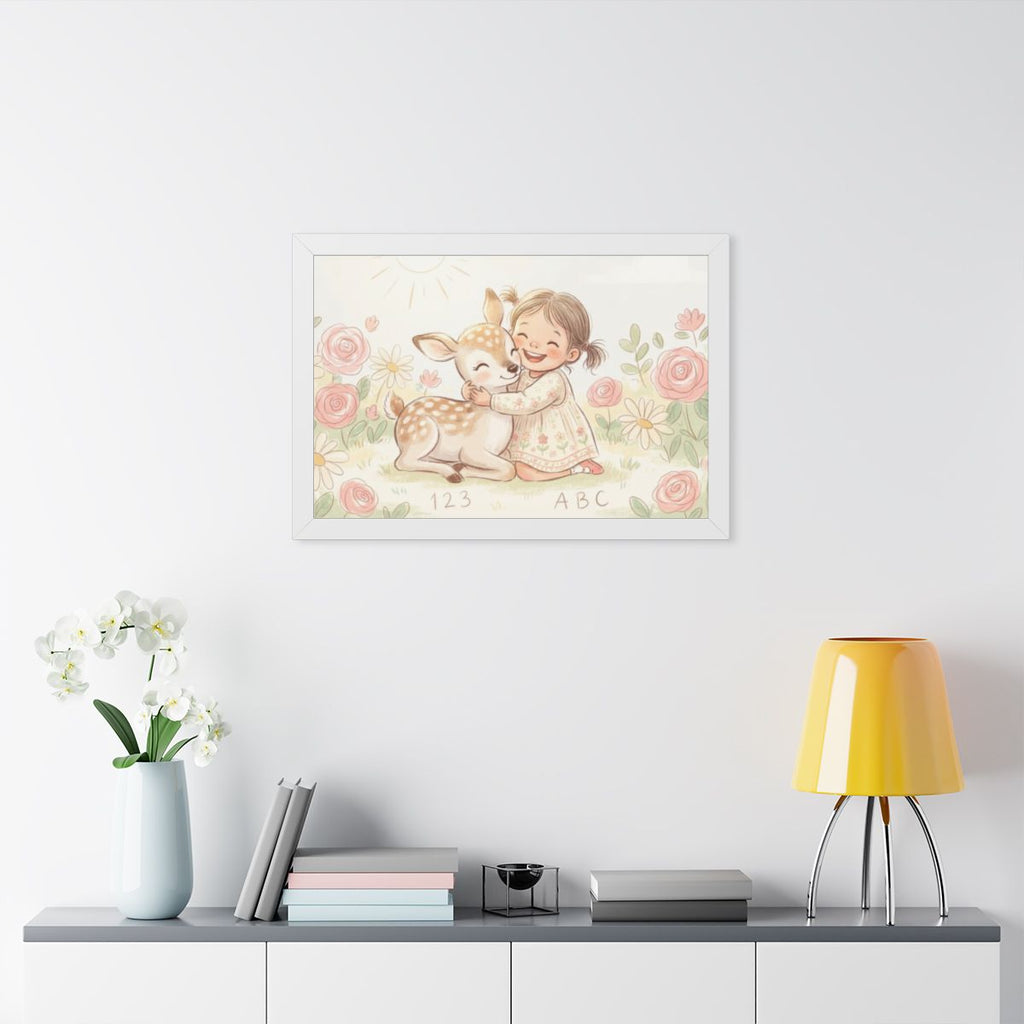 Framed Horizontal Poster - Gentle Hug Meadow Deer Art —... |...