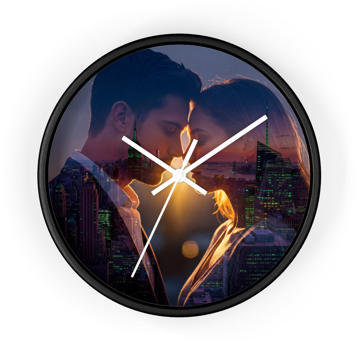 Wall Clock - City Sunset Embrace Double Exposure Silhouette...