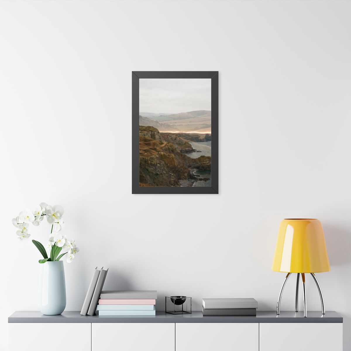 Framed Vertical Poster - Moody Coastal Cliffs Horizon Art —...