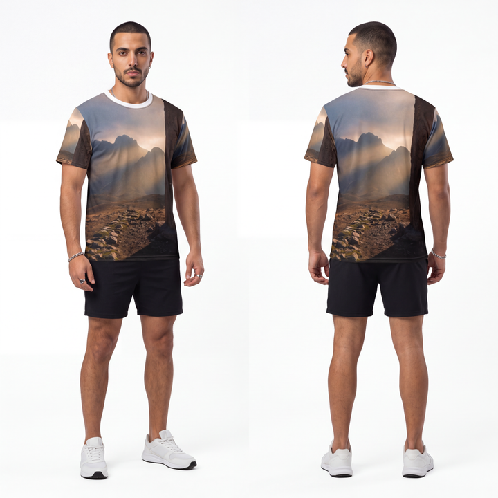 Men's Unisex Cut & Sew Tee - Ancient Stone Column Mountain Sunset Art