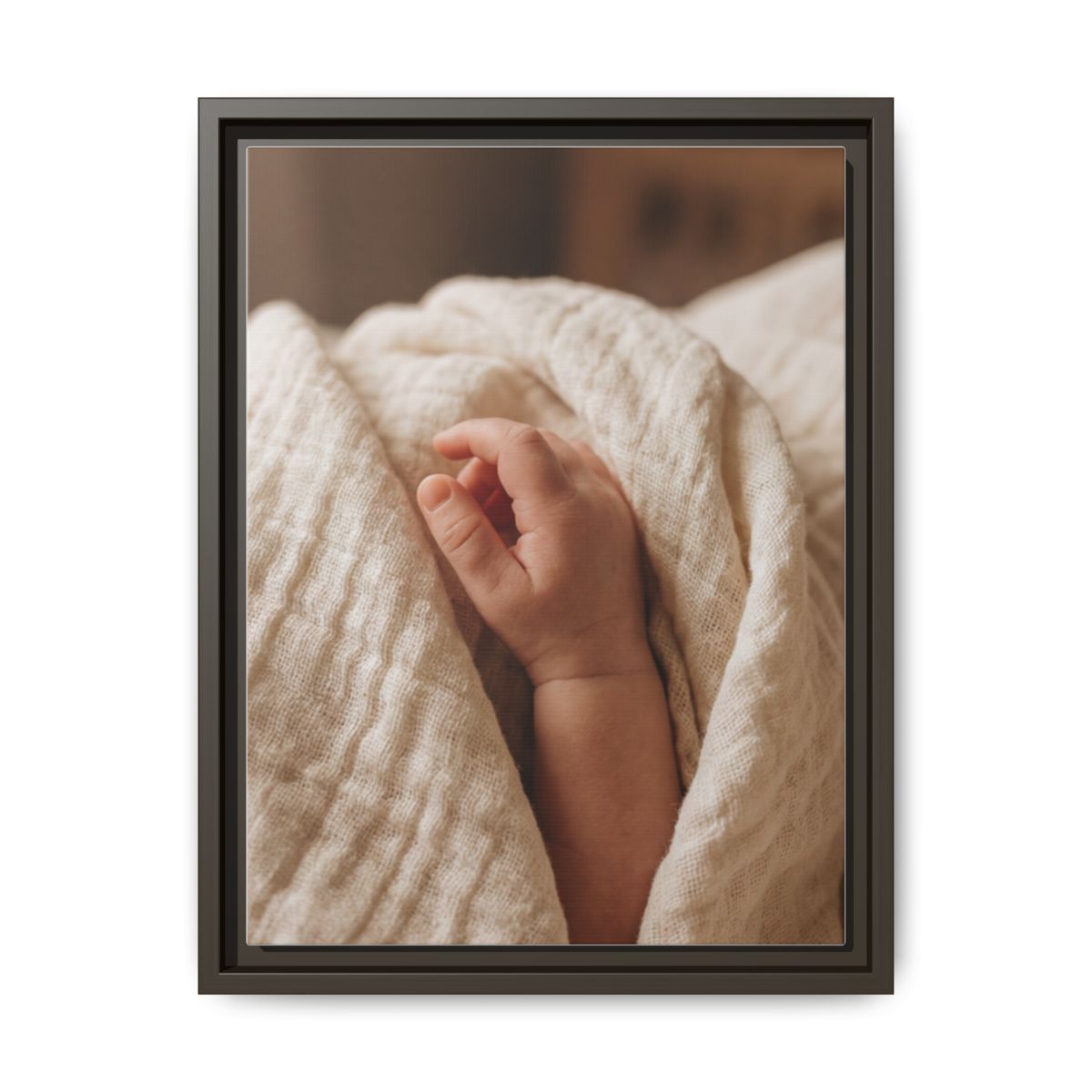Framed Matte Canvas - Tender Newborn Hand (8×10, 9×12, 11×14, 12×16, 10×20, 12×18, 16×20, 16×24, 18×24, 12×36, 20×24, 16×32, 20×30, 24×30, 24×32, 16×48, 24×36, 24×48, 30×40, 20×60, 32×48, 30×60 & 40×60)