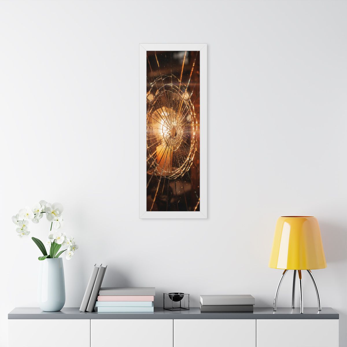 Framed Vertical Poster - Shattered Amber Glass Art — White...