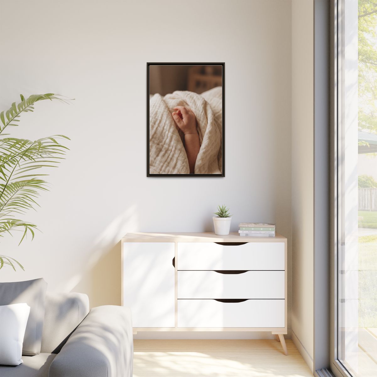 Matte Canvas, Framed - Tender Newborn Hand in Soft Muslin......