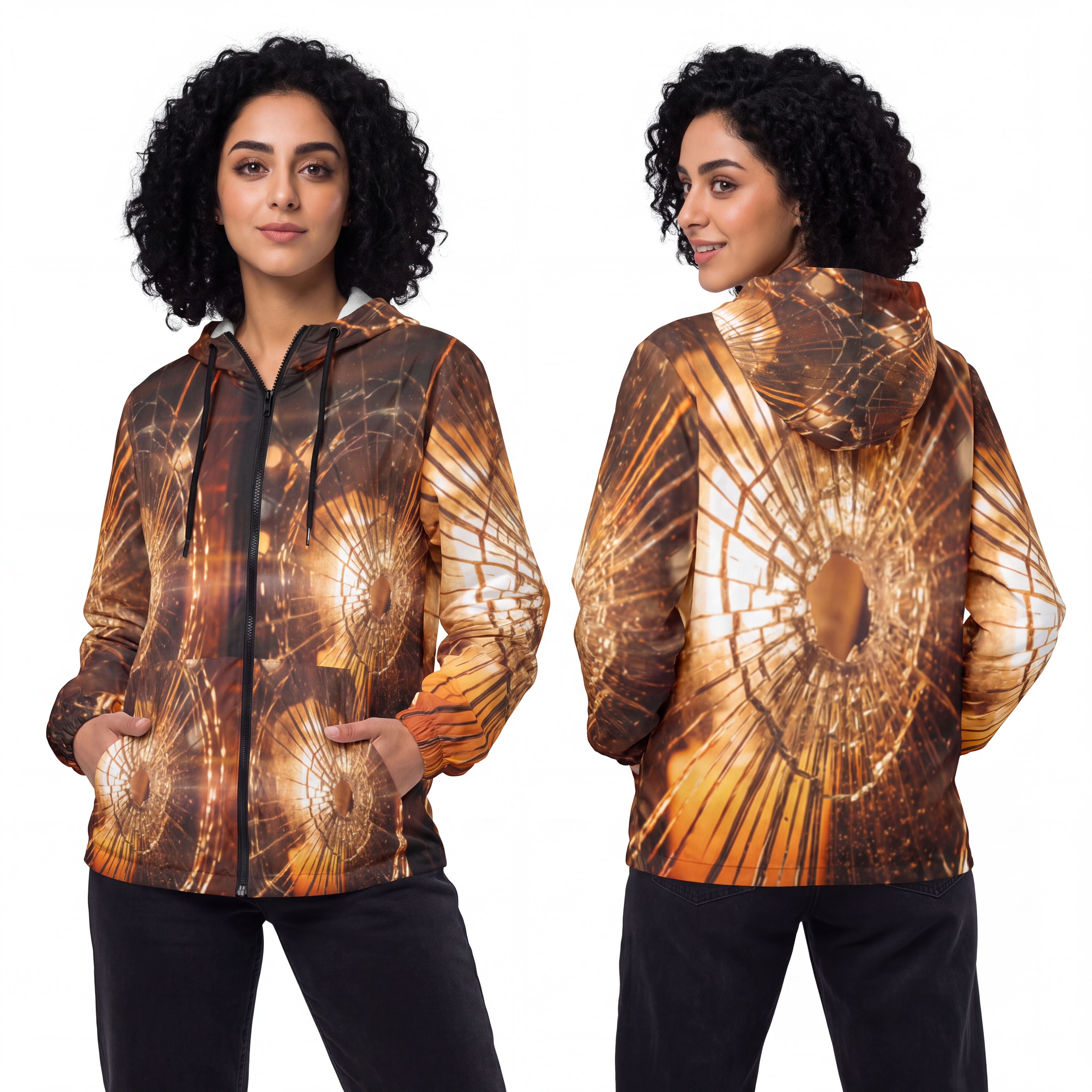 Unisex Windbreaker Jacket - Golden Fractures Aesthetic Wall...