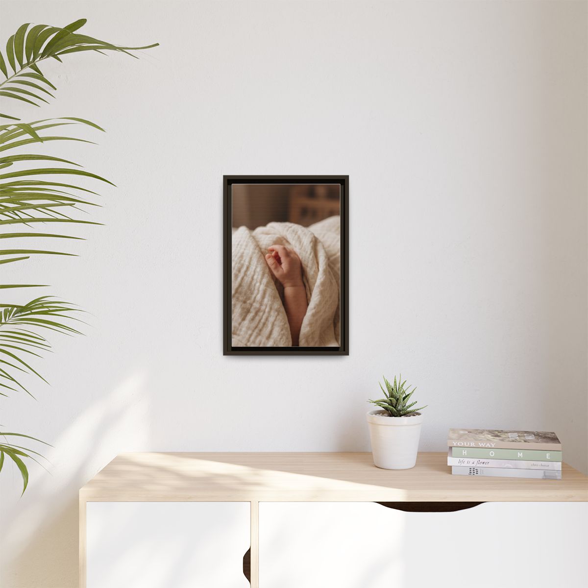 Matte Canvas, Framed - Tender Newborn Hand in Soft Muslin......