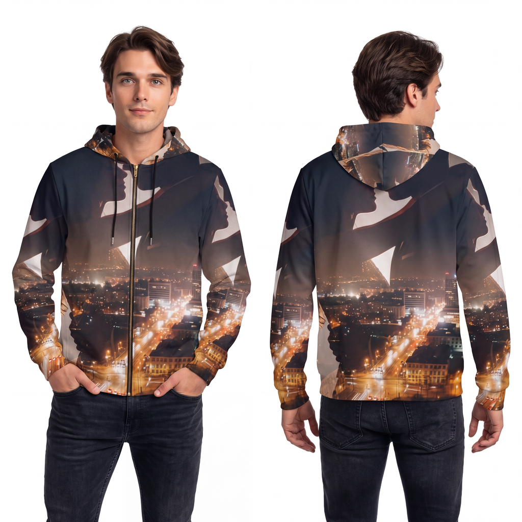 Men's Full-Zip Hoodie - Midnight City Skyline | Echovira...