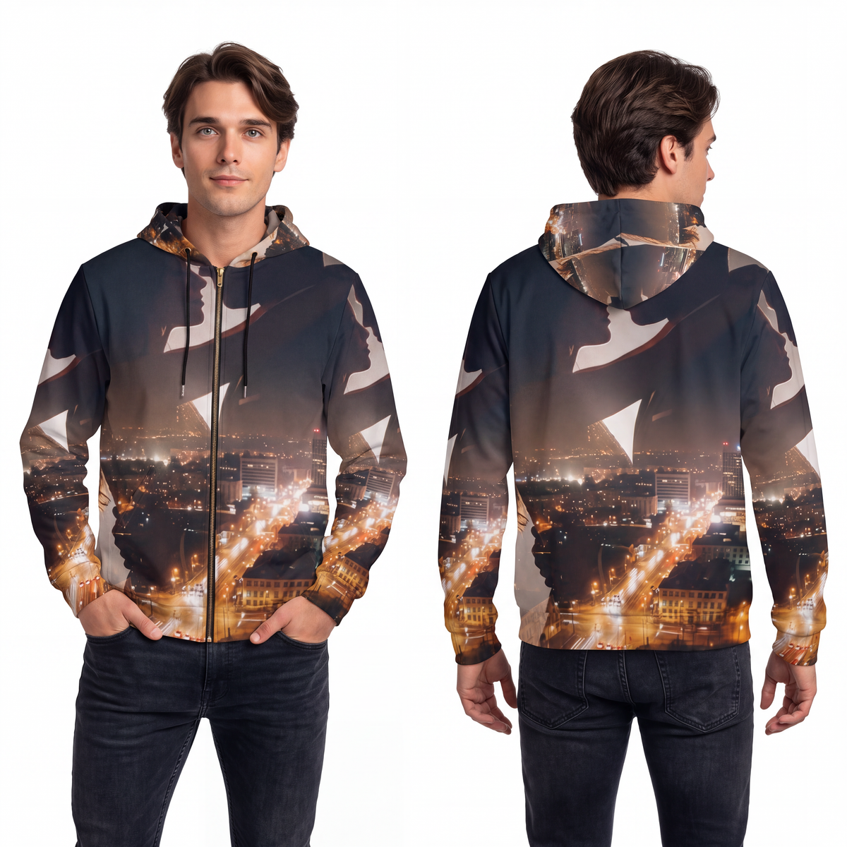 Men's Full-Zip Hoodie - Midnight City Skyline | Echovira...