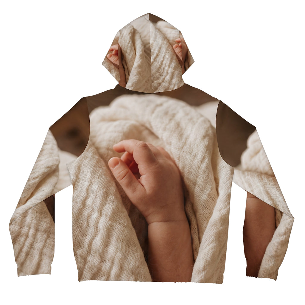 Women's Full-Zip Hoodie - Tender Newborn Hand in Soft Muslin...