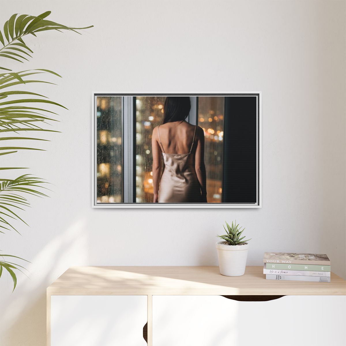 Matte Canvas, Framed - Rainy City lights Glow — White /... |...