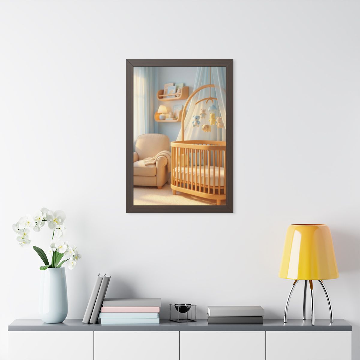 Framed Vertical Poster - Dreamy Serene Nursery Art — Walnut...