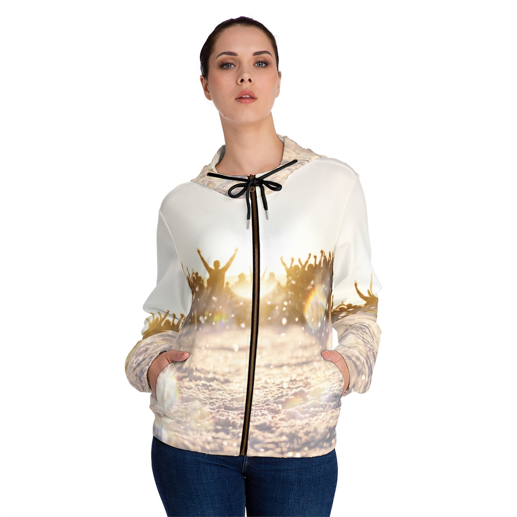 Women's Full-Zip Hoodie with Golden Crowd Art