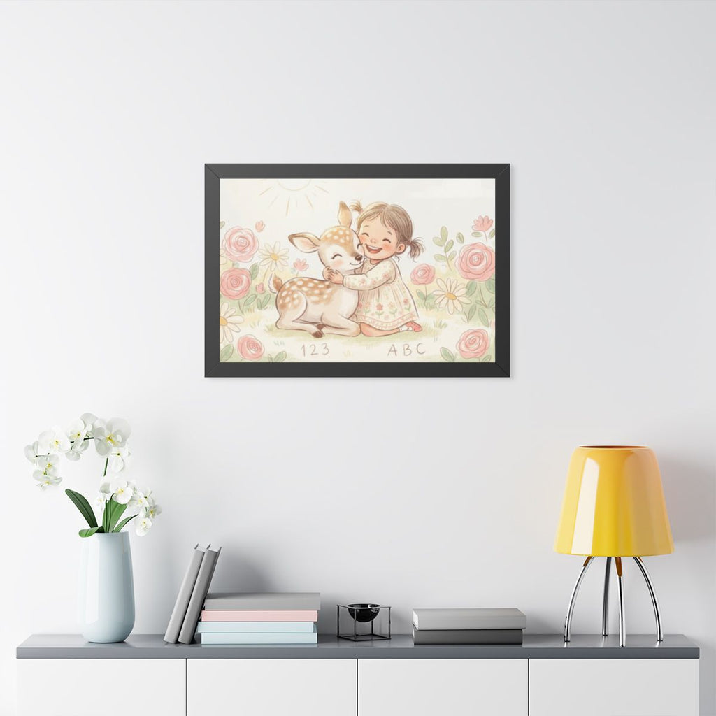 Framed Horizontal Poster - Gentle Hug Meadow Deer Art —... |...