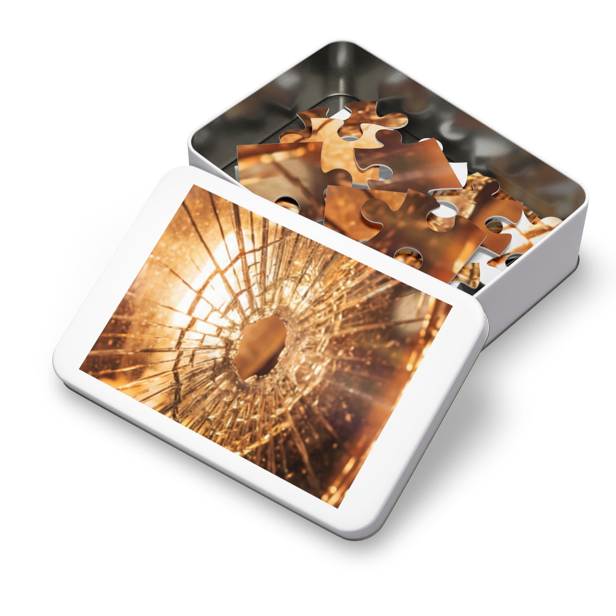 Jigsaw Puzzle with Tin - Golden Fractures Shattered Glass......