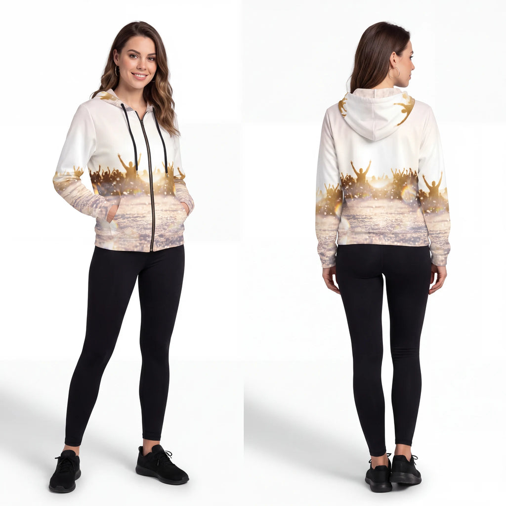 Women's Full-Zip Hoodie with Golden Crowd Art