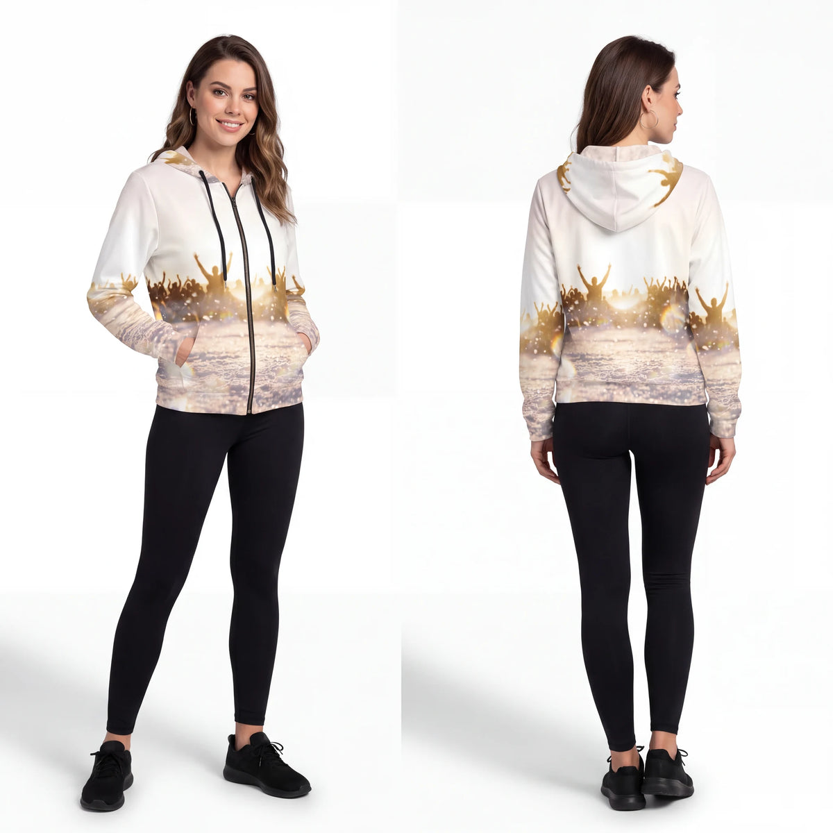 Women's Full-Zip Hoodie with Golden Crowd Art