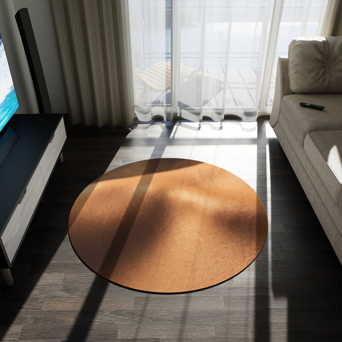 Round Rug - Amber Warmth and Silk Silhouette Art Print |...