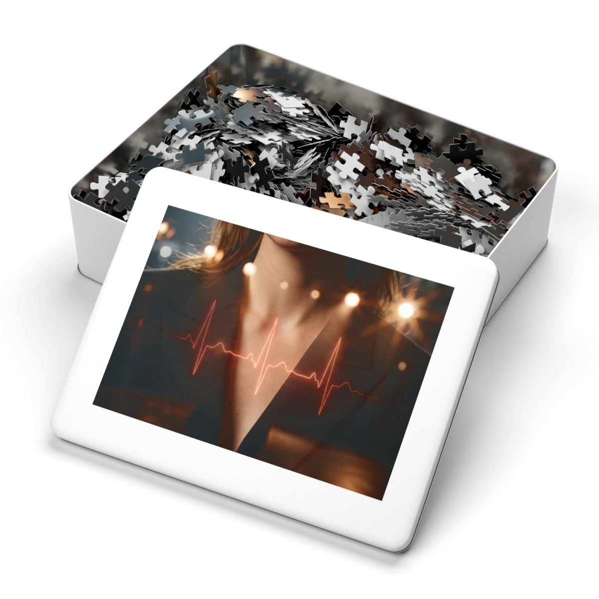 Jigsaw Puzzle with Tin - Digital Pulse - Neon EKG Heartbeat...