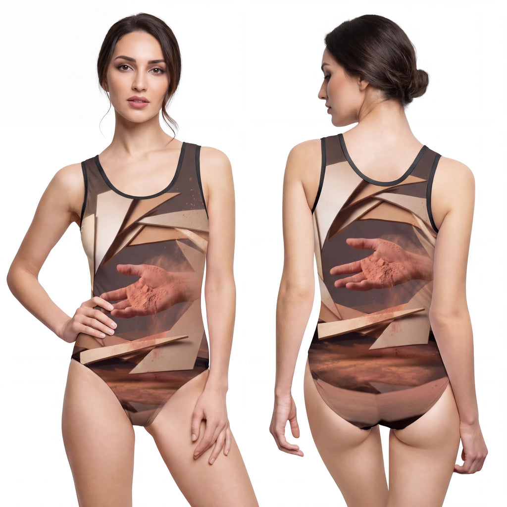 One-Piece Swimsuit with Terracotta Abstract Art