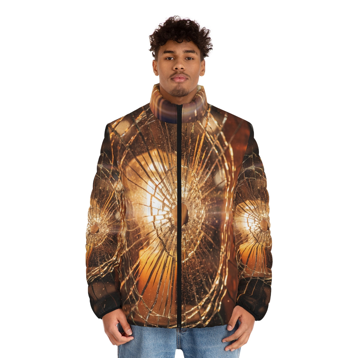 Men's Puffer Jacket - Shattered Amber Light Art | Echovira...