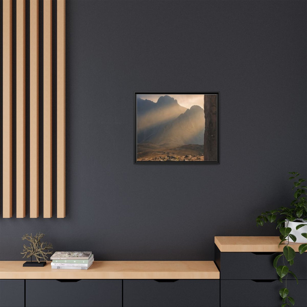 Matte Canvas, Framed - Ancient Stone Column Mountain Sunset...