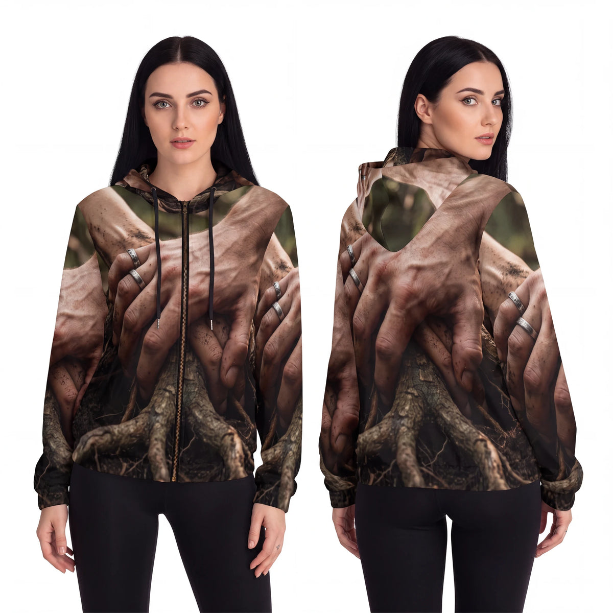 Women's Full-Zip Hoodie with Forest Roots Art