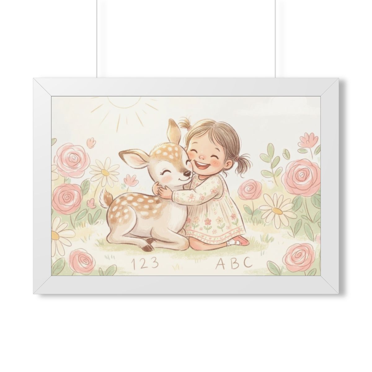 Framed Horizontal Poster - Gentle Hug Meadow Deer Art —... |...