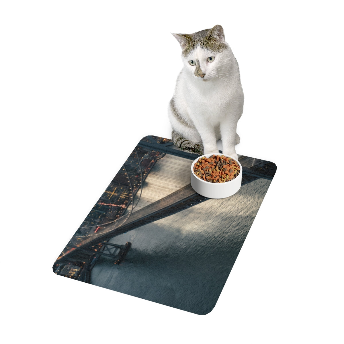 Pet Food Mat 12x18 - City Twilight Bridge | Echovira Gallery