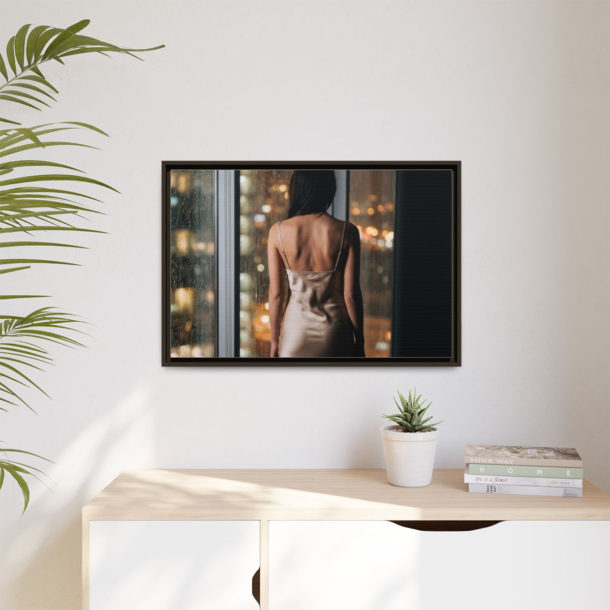 Matte Canvas, Framed - Rainy City lights Glow — Espresso /...