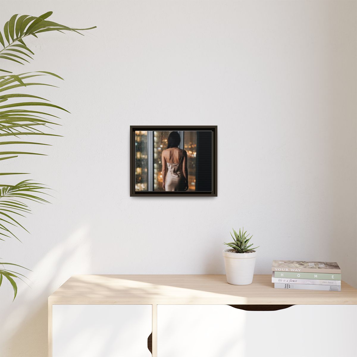 Matte Canvas, Framed - Rainy City lights Glow — Espresso /...