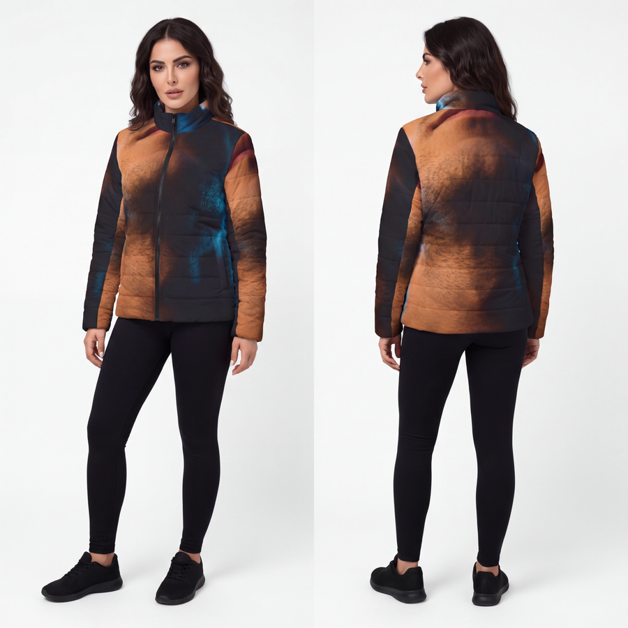 Women's Puffer Jacket - Neon Horizon Portrait