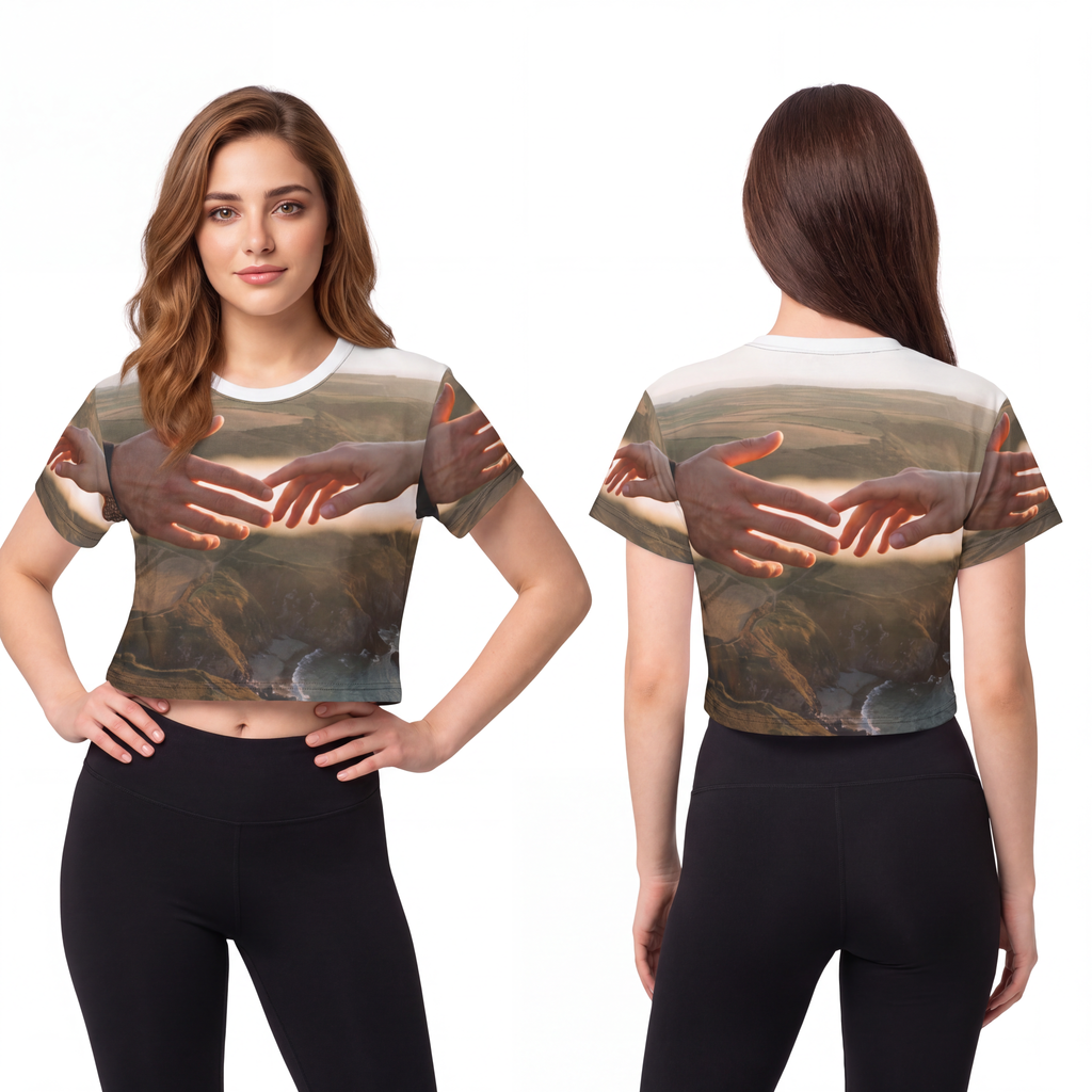 Crop Tee - The Infinite Touch | Ethereal Coastal Art |...