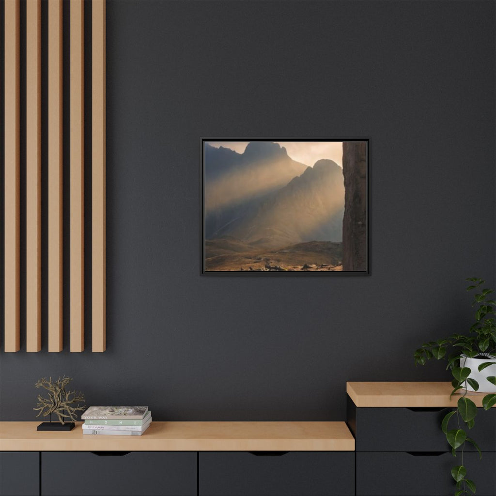 Matte Canvas, Framed - Ancient Stone Column Mountain Sunset...