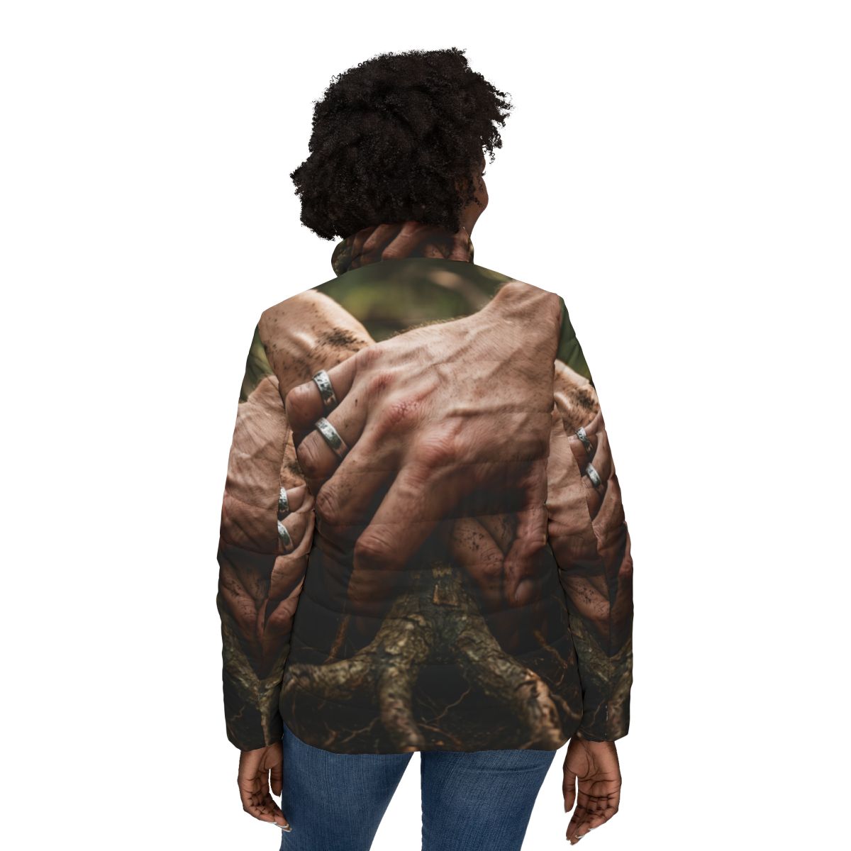 Women's Puffer Jacket with Forest Root Art