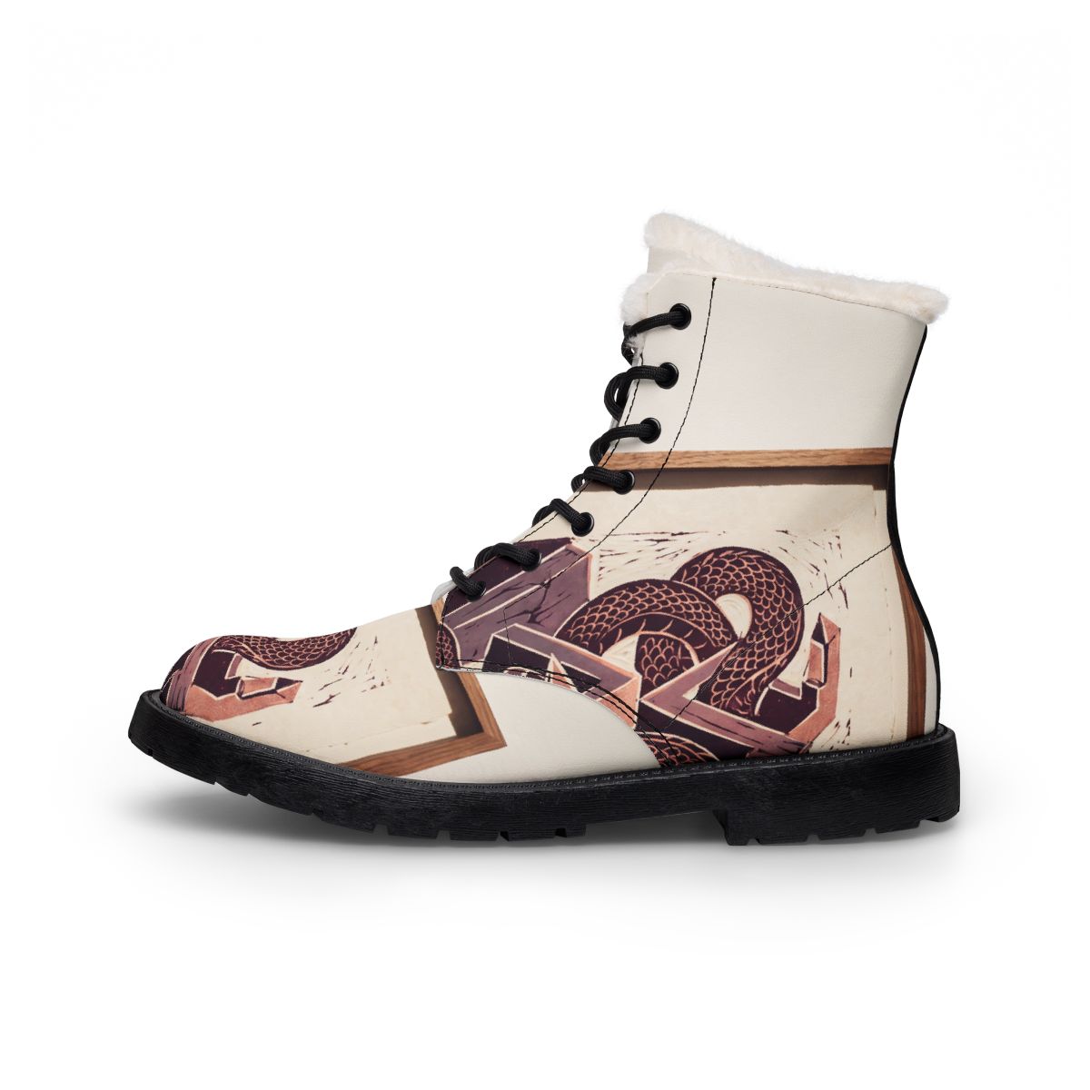 Men's Fur Leather Boots Serpent Linocut Art