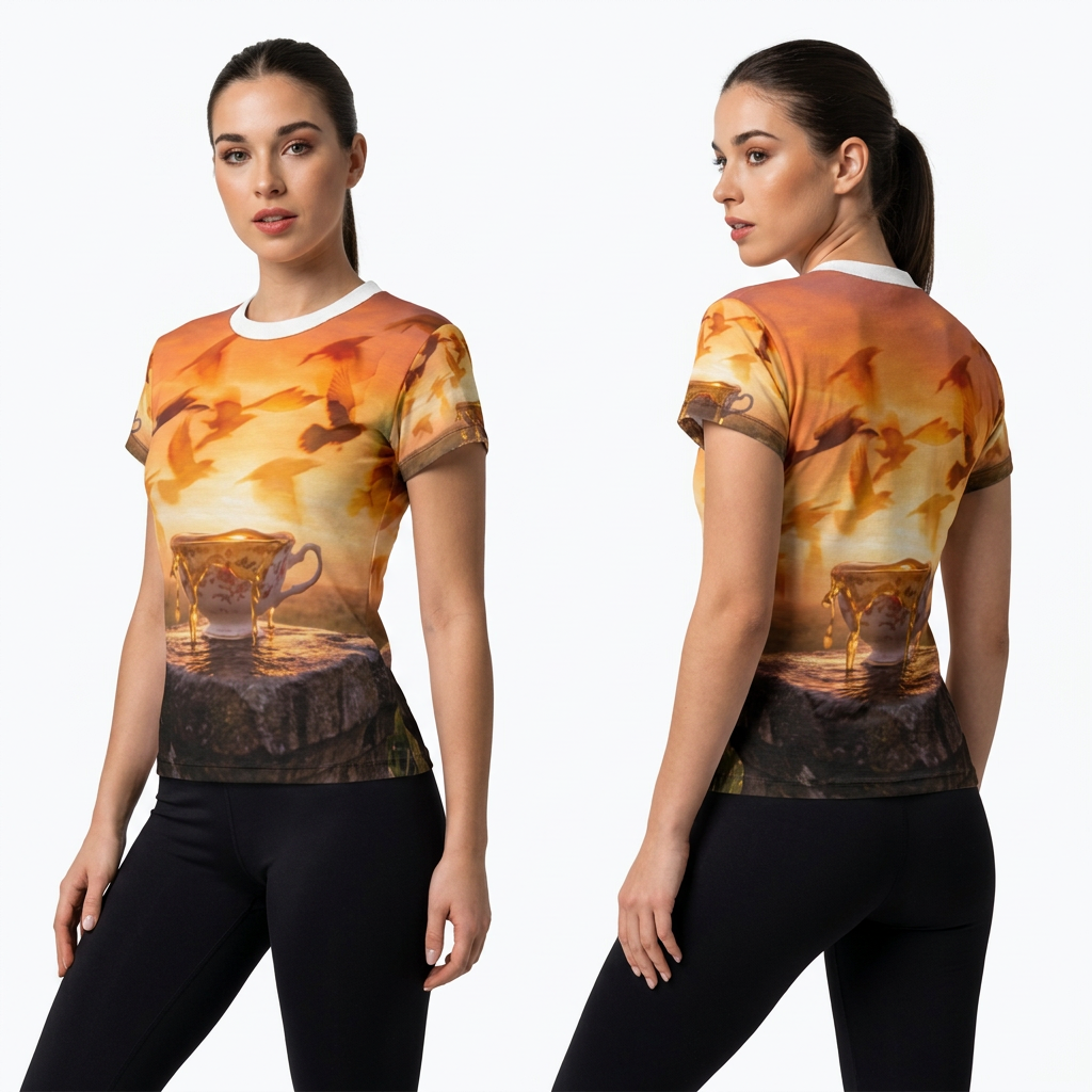 Women's Cut & Sew Tee with Teacup Bird Art