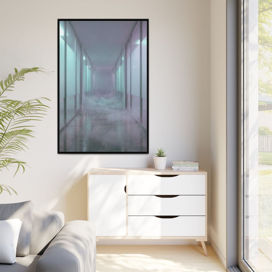 Matte Canvas, Framed - Liminal Corridor Fog Art Print — Black / 1.25" (8×10, 9×12, 11×14, 12×16, 10×20, 12×18, 16×20, 16×24, 18×24, 12×36, 20×24, 16×32, 20×30, 24×30, 24×32, 16×48, 24×36, 24×48, 30×40, 20×60, 32×48, 30×60 & 40×60)