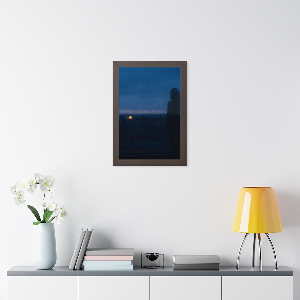 Framed Vertical Poster - Rainy Dusk Silhouette — Walnut... |...