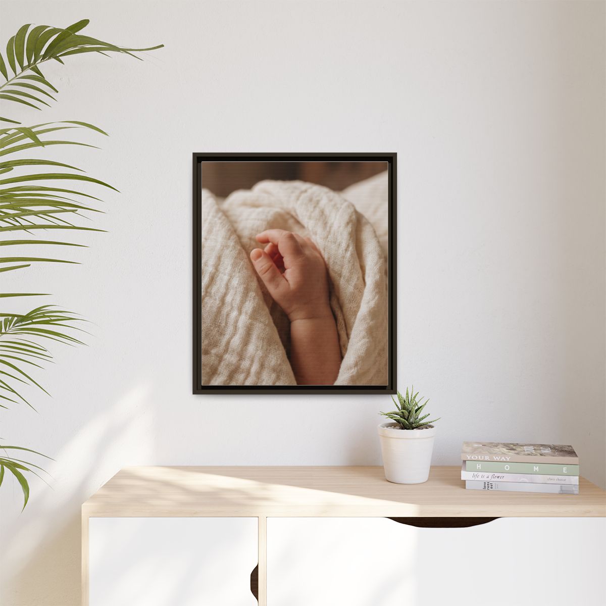 Matte Canvas, Framed - Tender Newborn Hand in Soft Muslin......