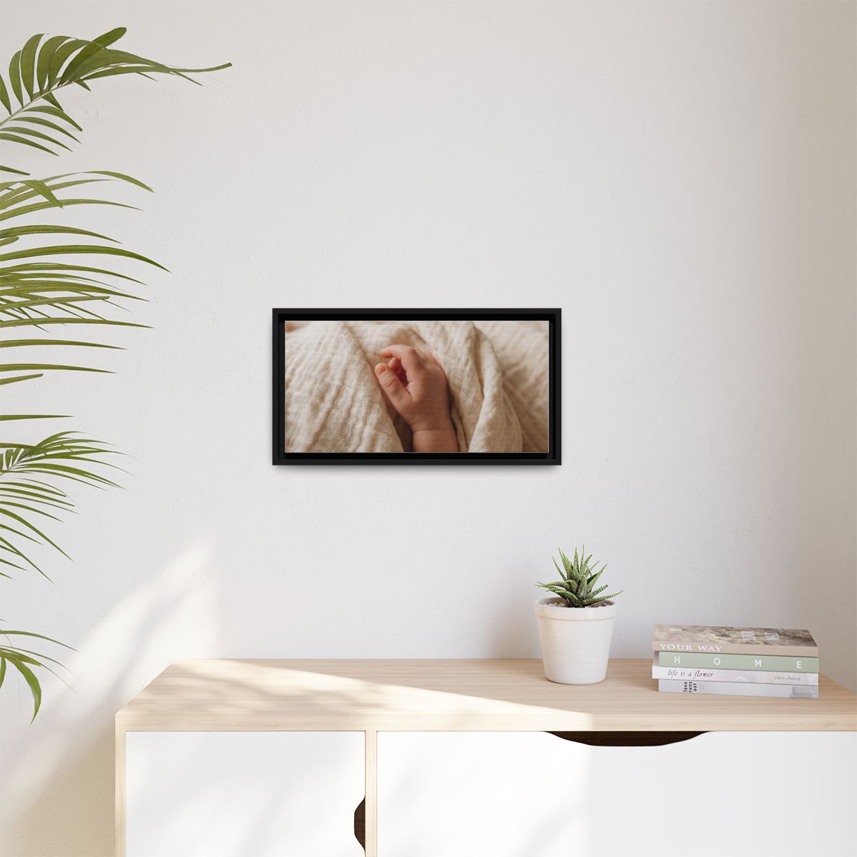 Matte Canvas, Framed - Tender Newborn Hand in Soft Muslin......