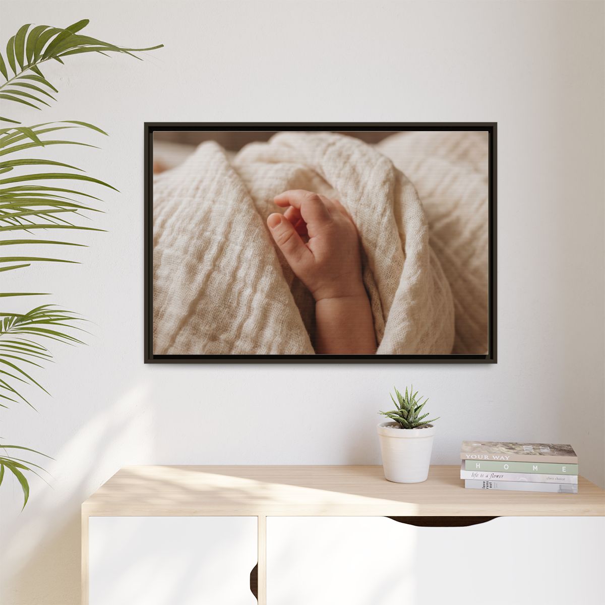 Matte Canvas, Framed - Tender Newborn Hand in Soft Muslin......
